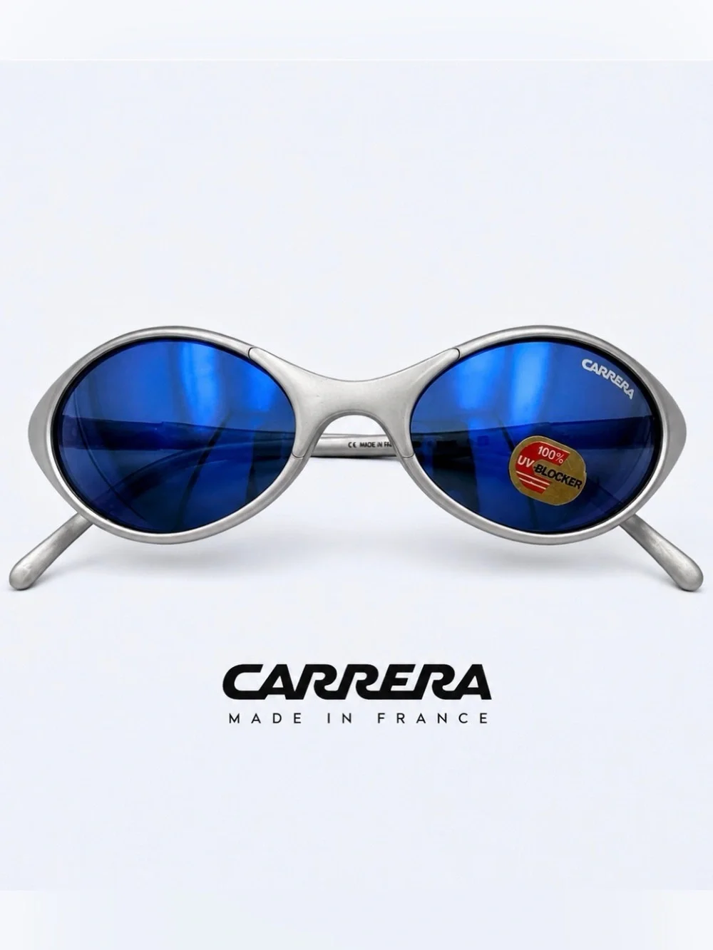 Vintage Carrera 4828 Oval Sunglasses Silver Blue Y2K Cyber Futuristic NOS Unused